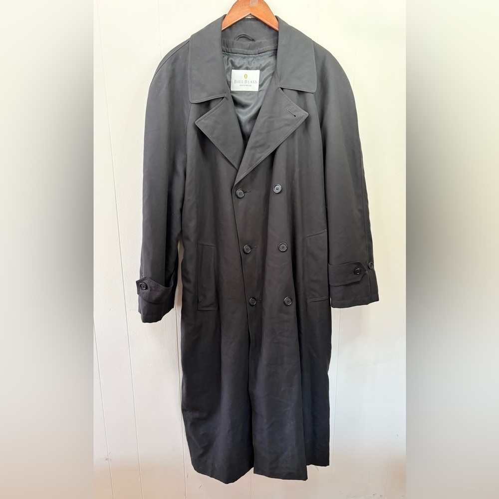 Bill Blass black double breasted vintage 1999 trench coat long side 42R men’s